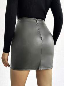 EURMUSE Summer Casual Commute Bodycon Skirt With Pleats And Wrap Details - Hijau Tentara - View 2