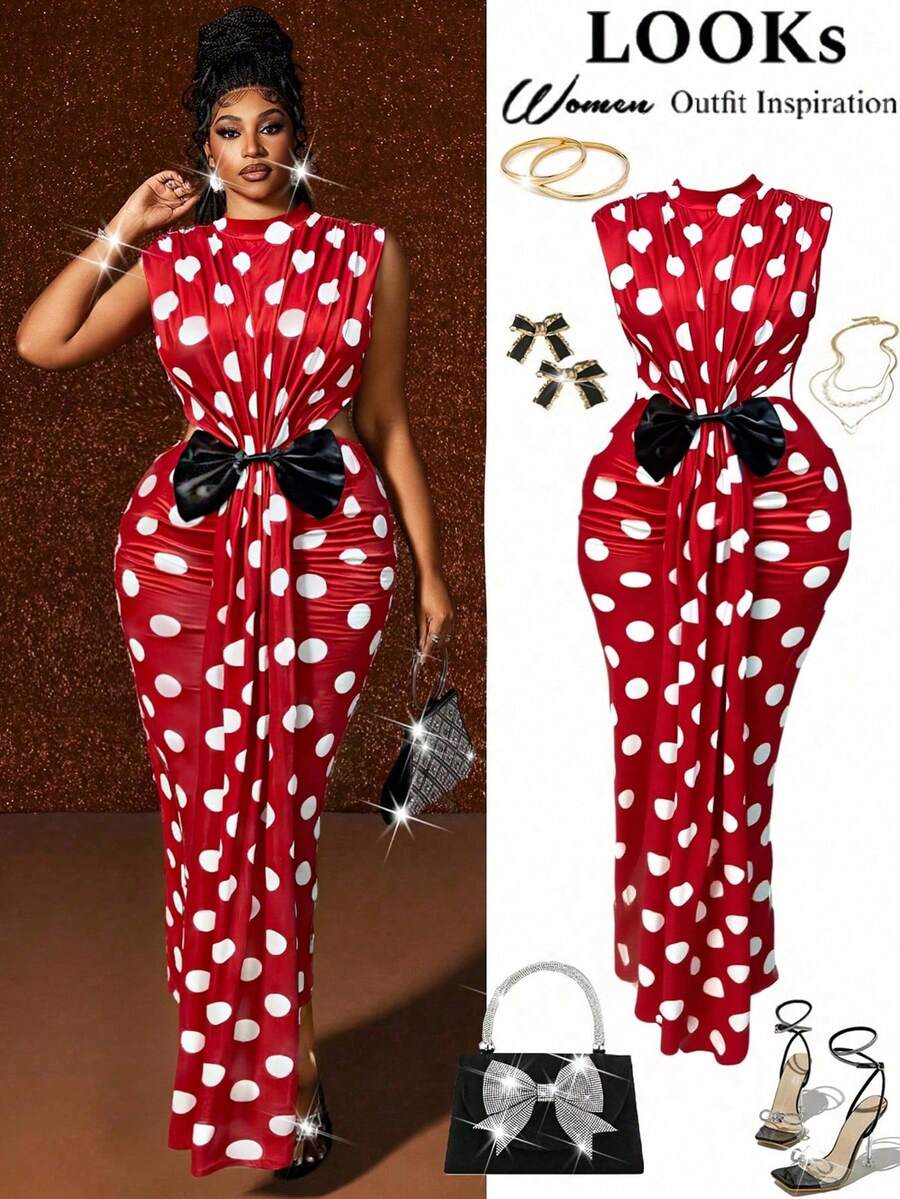 Maweii Vestido de fiesta, cumpleaños o Navidad para mujer de talla grande, elegante, con diseño de hombros fruncidos, decoración de lazo 3D exagerado y bloque de color, vestido de cóctel de moda para otoño/invierno - Rojo y blanco - Ver 1