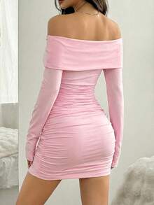 SHEIN EZwear Women's Solid Color Fitted Fashionable Off-Shoulder Ruched Mini Dress Pink Dress Off Shoulder Dress Tight Dress - Pink - View 2