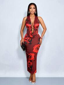 SOLERSUN Women's Elegant And Sexy Rose Halter Neck Vest And Skirt Two Pieces Set, Suitable For Dating, Valentine's Day - Red - View 4