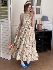 DAZY 少女碎花层叠下摆无袖宽松度假连衣裙，夏季 - 卡其色 - 查看 6