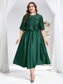 Reflora Vestido elegante de encaje de unicolor con cuello redondo y manga corta para tallas grandes - Verde - View 3