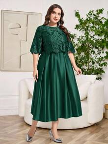 Reflora Vestido elegante de encaje de unicolor con cuello redondo y manga corta para tallas grandes - Verde - View 4