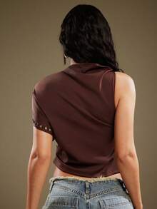 Denimoi Top tendance à une manche et taille cintrée, orné d'œillets. Tops originaux, tenues de concert GNO. - Tabac - Voir 5