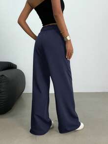 SHEIN Teen Girls Casual Loose Fit Low Waist Elastic Waistband Wide Leg Sweatpants, Versatile For Spring, Summer, Autumn, Winter - Navy Blue - View 2