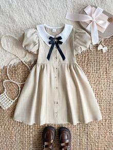 PrepCrw 一件装，少女优雅精致学院风卡其色条纹泡泡袖翻领纽扣连衣裙，适合返校、日常休闲穿着、外出、聚会、节日、春夏季节等场合。 - 卡其色 - 查看 7