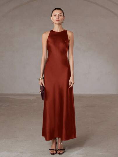 Aveloria Modichic Kadınlar için Minimalist, Zarif, Asimetrik, Çapraz Kesimli, Çift Taraflı Saten Benzeri Asetat Kumaştan A Kesim Kolsuz Elbise