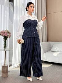 Modelyn Plus Size Women's Spring/Autumn Casual/Office Commute Striped Patchwork Shirt And Wide Leg Pants 2 Pieces Set Women Suit Sets - Multicolor - View 6