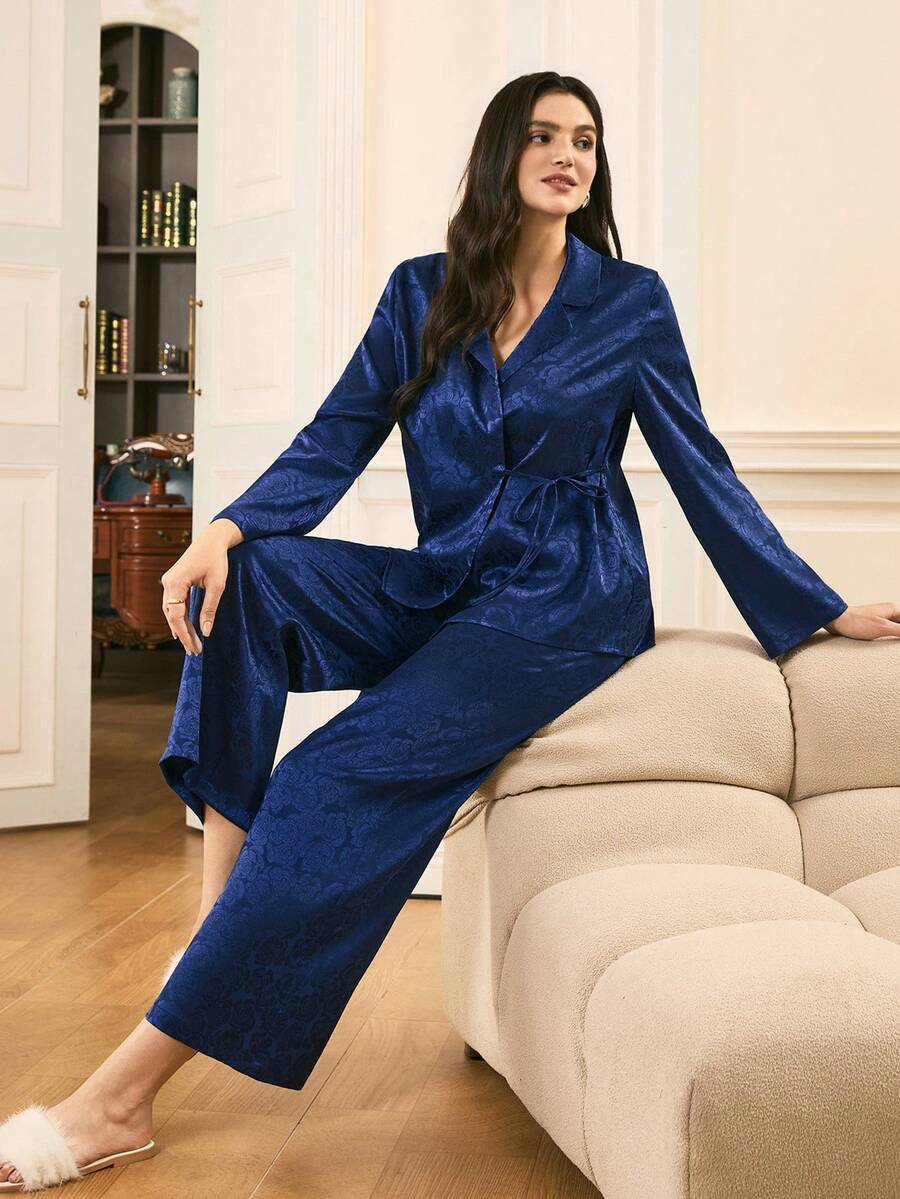 Women Floral Jacquard Side Knot Long Sleeve Top And Pants Elegant Pajama Set Blue Silk Pajama Set V Neck Lounge Wear Women Lounge Wear Sets Sleepwear Women Silk - Navy Blue - View 1