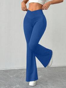 Almamuse 女士休闲日常通勤简约纯色重叠腰带罗纹面料喇叭裤 - 藍色 - 查看 3