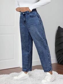 SHEIN ICON Plus Size Casual Washed High Waist Tapered Jeans - Dark Wash - View 5