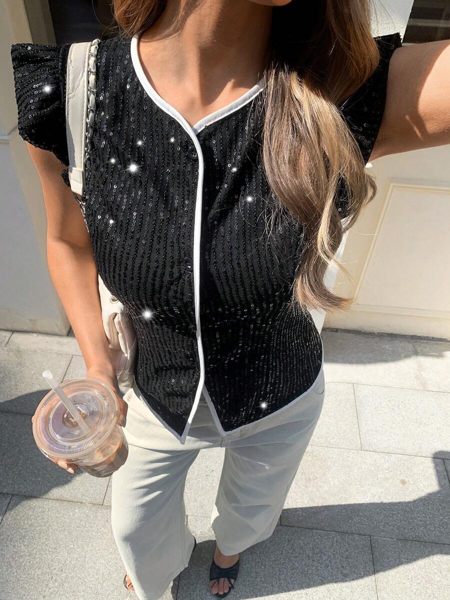 Elyressa Women's Sequin Contrast Binding Cap Sleeve Blouse, Fashionable For Nightclub Party In Summer - Black - View 1