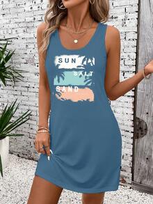 SHEIN LUNE 阳光、日落、沙滩、棕榈树图案圆领无袖休闲连衣裙，适合夏季穿着 - 霧霾藍 - 查看 3