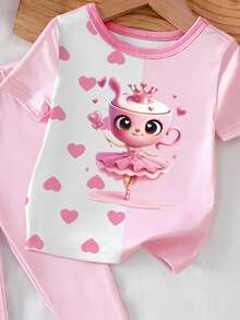 1 Set Baby Girls' Coffee Girl Print Contrast Collar & Cuff Design Knit Snug Fit Short Sleeve Top And Allover Print Pants Pajamas, Spring/Summer - Pink - View 4