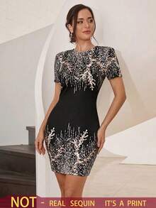 Modelyn 女士亮片印花圆领短袖修身迷你连衣裙 - 彩色 - 查看 1