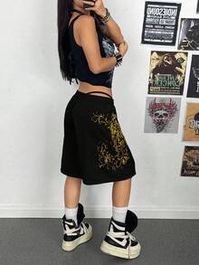 StreetHx Women's Loose Fit Gray Punk Print Capri Pants - Black - View 6