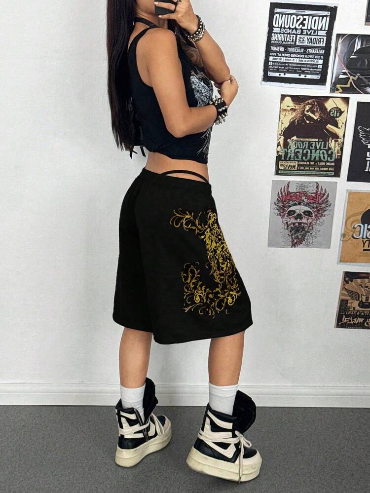 StreetHx Women's Loose Fit Gray Punk Print Capri Pants - Black - View 6