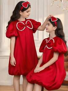SHEIN Tween Girl Spring/Summer Elegant Glamorous Bubble Lantern Hem Floral Bud Short Sleeve Big Bow Dress Red Tween Girl - Red - View 3
