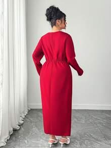 Elenzga Elegantes Wickelkleid in Große Größen für Damen mit V-Ausschnitt, Langarm und Schlitz in Unifarbe mit Raffung - Bordeaux - Übersicht 2