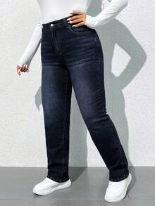 SHEIN Tall CURVE 大码休闲弹力水洗斜插口袋修身牛仔裤 - 深色水洗藍 - 查看 5