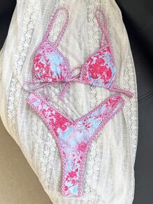 Swim Mod 2pcs/Set Women Summer Random Print Spaghetti Strap High Cut Bikini Swimsuit Set - Multicolor - View 4