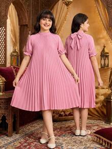 Tween Girl Spring/Summer Casual Vacation Commute Elegant Pleated Full Skirt Raglan Sleeve Back Large Bow Decor Short Sleeve Woven Solid Color Dress Pink Tween Girl - Pink - View 2