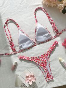 SHEIN Swim Women's Ditsy Floral Backless Sexy Thong Bikini Set, Beach Vacation - Multicolor - View 2