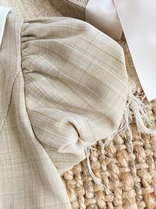 PrepCrw 一件装，少女优雅精致学院风卡其色条纹泡泡袖翻领纽扣连衣裙，适合返校、日常休闲穿着、外出、聚会、节日、春夏季节等场合。 - 卡其色 - 查看 5