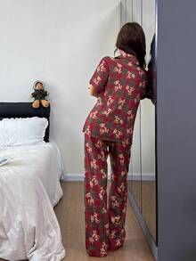 SHEIN Napfluff 格子熊印花翻领短袖裤装女式睡衣套装 - 紅色 - 查看 2