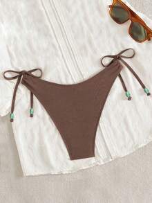 Swim Chiccia Women Solid Side Tie Beaded Waist Bikini Bottom - Coffee Brown - View 4