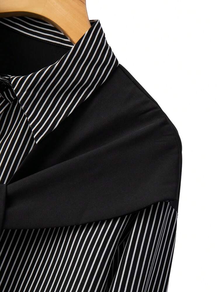 SHEIN Clasi 大码休闲撞色条纹衬衫+简约休闲裤两件套 - 黑與白 - 查看 13