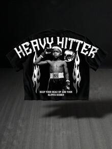 Manfinity EMRG Plus Size Men Street Style Cropped Loose Boxing Graphic T-Shirt, Great Gift For Friends - Black - View 1