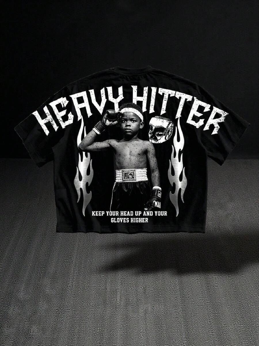 Manfinity EMRG Plus Size Men Street Style Cropped Loose Boxing Graphic T-Shirt, Great Gift For Friends - Black - View 1