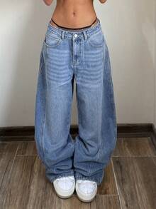 StreetHx 时尚休闲街头风织带低腰破洞牛仔裤 - 中等水洗藍 - 查看 7