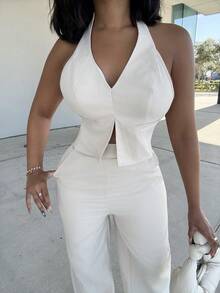 Alexandranx 春夏辦公室女士V領無袖上衣配開背設計和寬腳褲，修身增高街頭穿搭套裝 - 杏色 - 查看 6