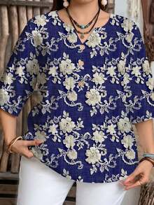 EMERY ROSE Camisa azul de talla grande, casual y elegante, con estampado de textura similar al bordado, adecuada para primavera y otoño - Multicolor - Ver 4