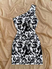 SHEIN SXY Women's Contrast Color Print Asymmetrical Shoulder Mini Dress - Black and White - View 4