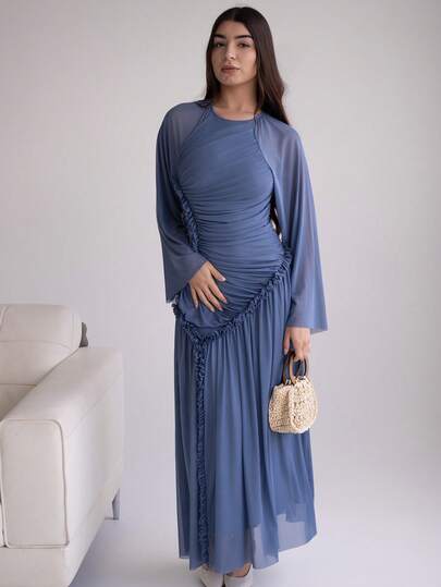 Andrea Bello 女式加长春夏网眼针织荷叶边下摆开叉优雅迷人时尚连衣裙