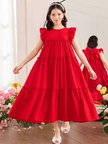 SHEIN Vestido ajustado con cuello redondo y dobladillo con volantes de unicolor para niña preadolescente - Rojo - Ver 4