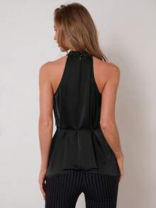 COSMINA 女士优雅腰带高领褶皱缎面无袖背心，通勤和日常穿着皆宜，四季皆可 - 黑色 - 查看 2