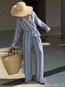 DAZY 2pcs Women Lace Patchwork Shirt Top And Casual Pants Set - Navy Blue - View 5