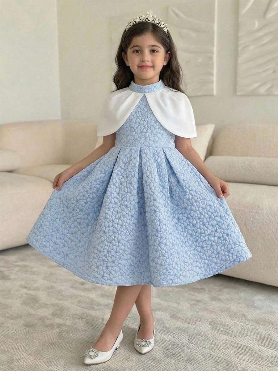 SHEIN Đầm chữ A trễ vai cổ đứng, phối màu thời trang thanh lịch dành cho bé gái, thích hợp cho kỳ nghỉ gia đình, tiệc tùng, dễ thương và sành điệu, phù hợp cho công chúa, tiệc sinh nhật và các dịp khác. - Màu xanh lam - Xem 1