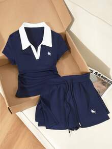 Everyssa Bộ đồ nữ thường ngày đa năng, thêu hình hiệp sĩ, phối màu tương phản, cổ chữ V xếp ly ôm sát và quần short cạp chun, thích hợp cho mùa hè. - Màu xanh hải quân - Xem 3