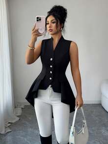 Elenzga Áo khoác nữ dáng thường, cổ chữ V, không tay, màu đen trơn, đa năng, thanh lịch và thời trang, eo thắt chặt, dáng chữ A, viền bất đối xứng, viền loe - màu đen - Xem 3