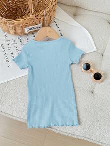 SHEIN 女婴可爱针织休闲弹力荷叶边刺绣图案短袖连衣裙 - 藍色 - 查看 2