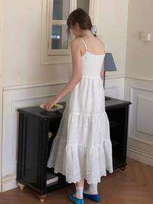DAZY Bộ đồ thể thao mùa hè dành cho nữ tuổi teen, kiểu dáng thường ngày, gồm váy hai dây xếp tầng màu trơn hiệu Schiffy và áo croptop tay phồng. - trắng - Xem 6