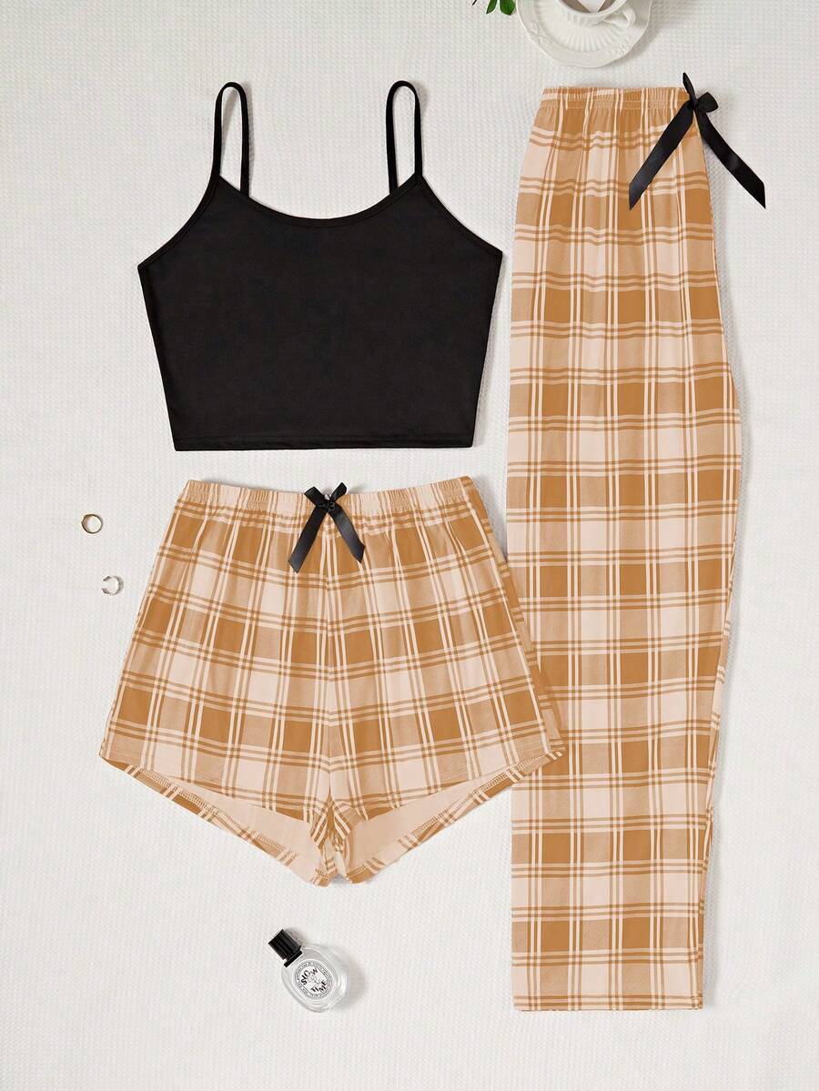 3pcs Plaid Print Women Pajama Set, Casual - Orange - View 1