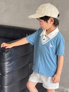 SHEIN 2 Pieces Set Of Young Boys Boys' Casual Sportswear Includes A Cute Little Dinosaur-Patterned 2 In 1 Polo Shirt And Shorts Set, Suitable For Kids' Outfits, Young Boy Clothes, Back To School Boys Set, Suitable For Birthday Parties, Evening Events, Performances, Weddings, Baptisms, And School Commencements. It Is Suitable For Daily Wear, School, Travel, Sports, And Spring And Summer Seasons. - Dusty Blue - View 5