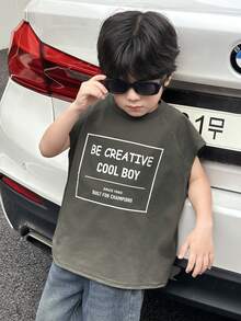 SHEIN Young Boy Comfortable Letter Patched Casual Tank Top,Suitable For Outdoor Activities, School,Home Leisure And Professional Sports Young Boys T Shirts Young Boys Tank Tops - Grey - View 4