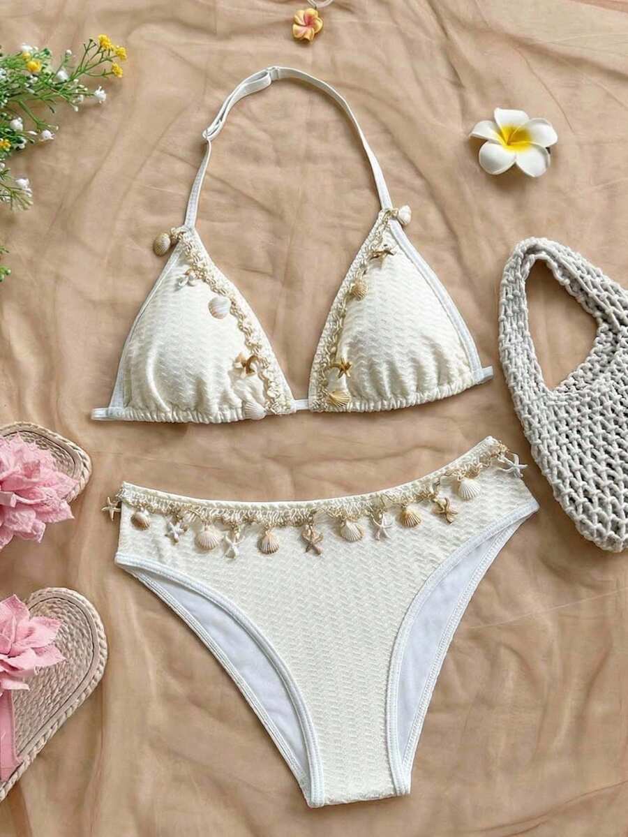 SHEIN Teen Girls Vacation Apricot Halter Neck Tankini With Seashell Embroidery Polyester Mid Waist Swimsuit - Apricot - View 1